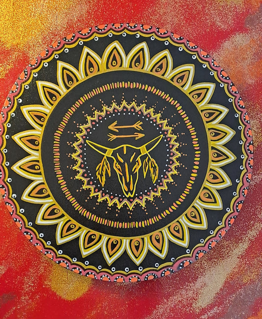 Totem- DISPONIBLE POUR EXPO et VENTE. Peinture acrylique originale et unique de 30cm avec mantra au dos