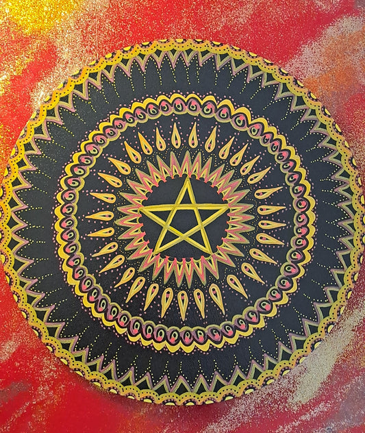 Pentacle- DISPONIBLE POUR EXPO et VENTE .Peinture acrylique originale et unique de 30cm avec mantra au dos