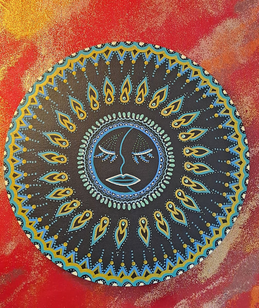 Moon- Sun- DISPONIBLE POUR EXPO et VENTE Peinture acrylique originale et unique de 30cm avec mantra au dos