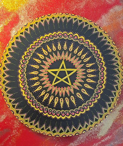 Pentacle- DISPONIBLE POUR EXPO et VENTE .Peinture acrylique originale et unique de 30cm avec mantra au dos