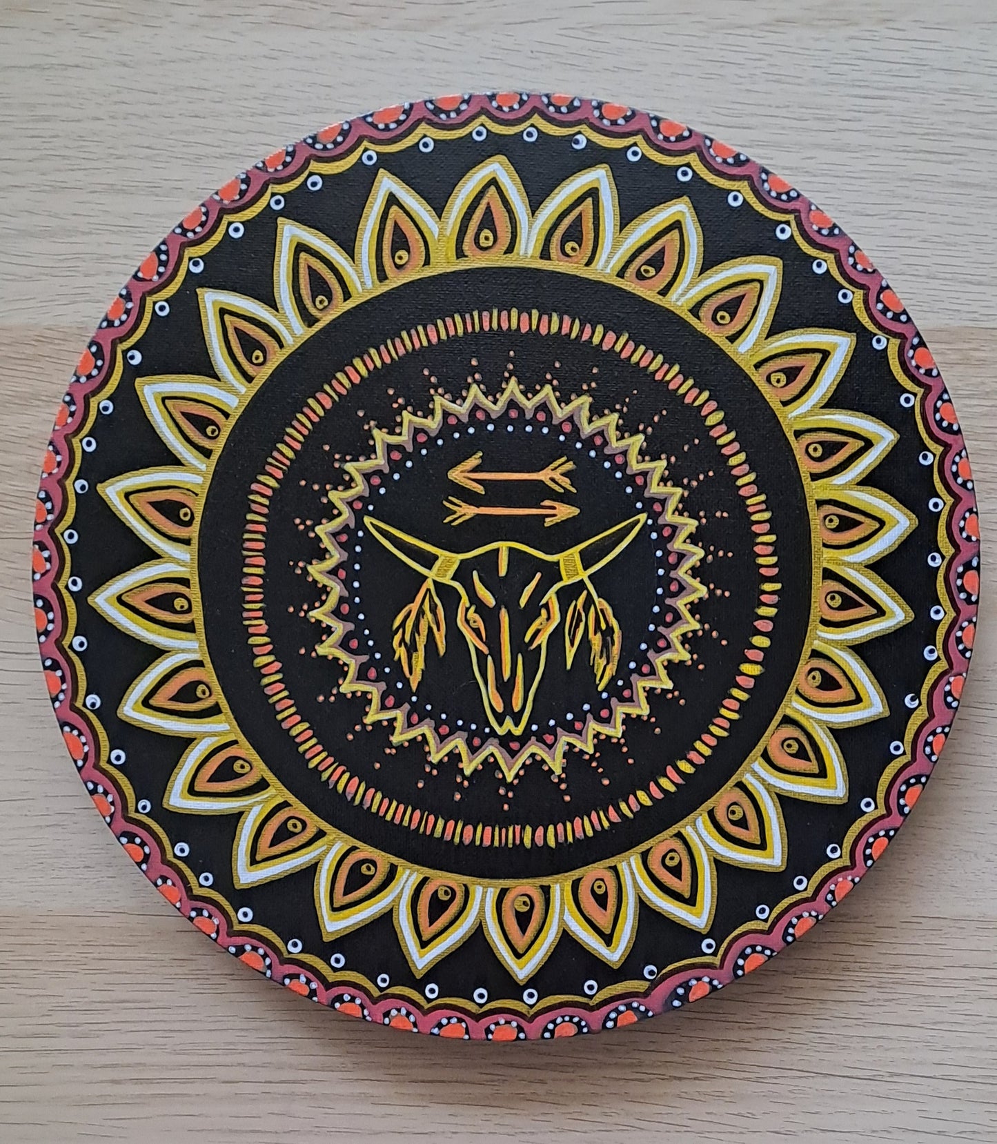Totem- DISPONIBLE POUR EXPO et VENTE. Peinture acrylique originale et unique de 30cm avec mantra au dos