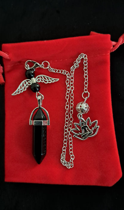Pendule en Obsidienne- Ailes d'ange& lotus avec réponse à une question