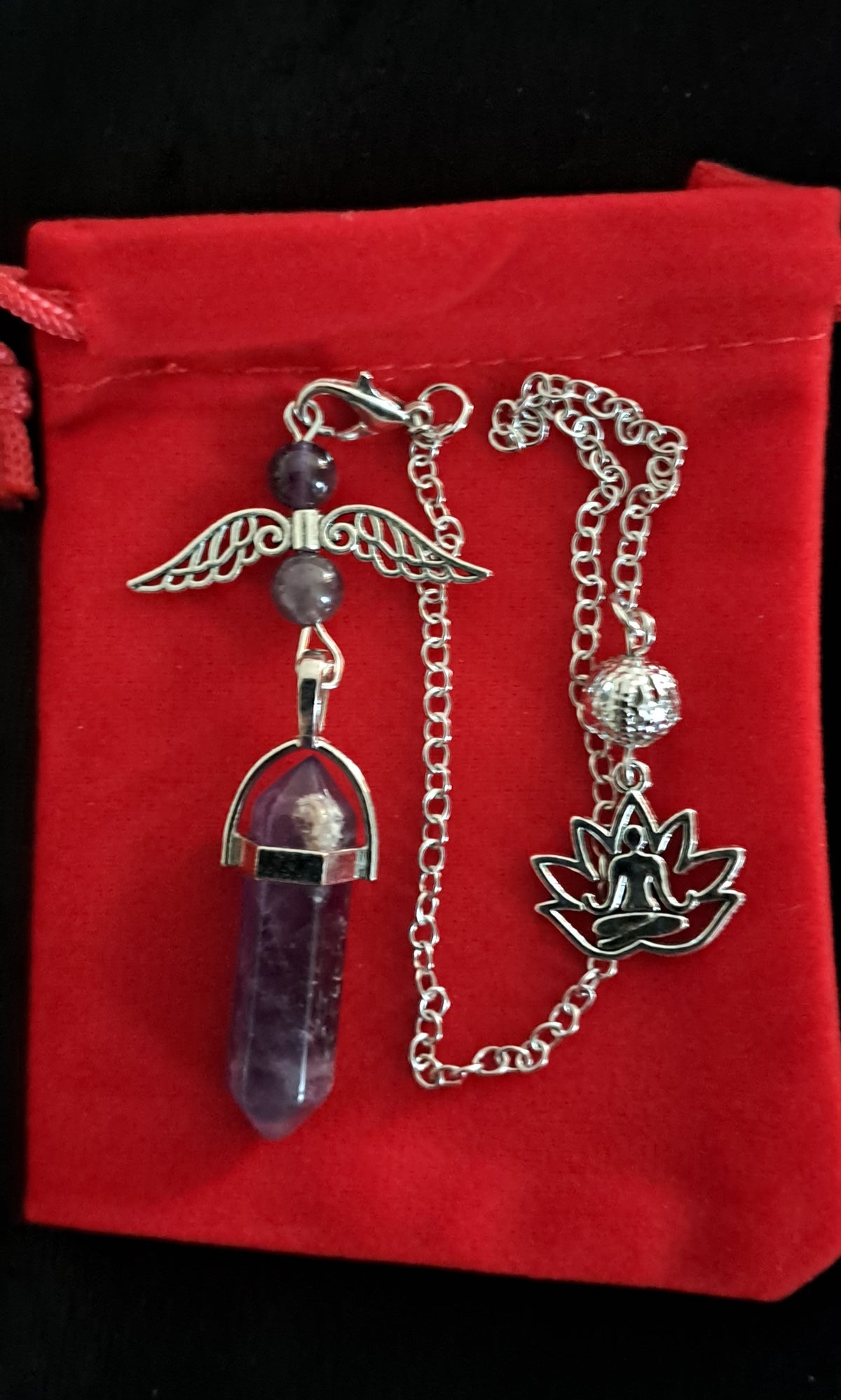 Pendule en Améthyste Ailes ange & lotus avec réponse à une question